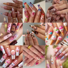 4Sheets Flower Nail Art Stickers 5D Embossed Lily Nail Decals Embossed Floral Pegatinas Uñas Summer Hawaiian Flowers Nails Supplies Ice Cream Star Bow Flower Nail Design for Women Manicure Decoration