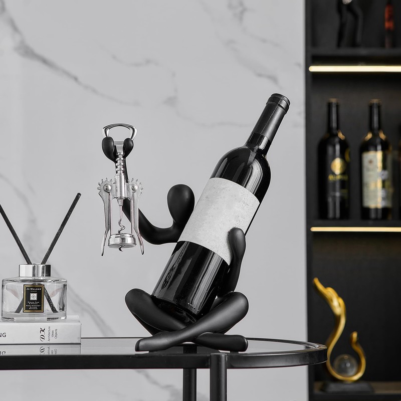 FJSPERM Thinker Statue Wine Rack, Black Modern Rack for Kitchen