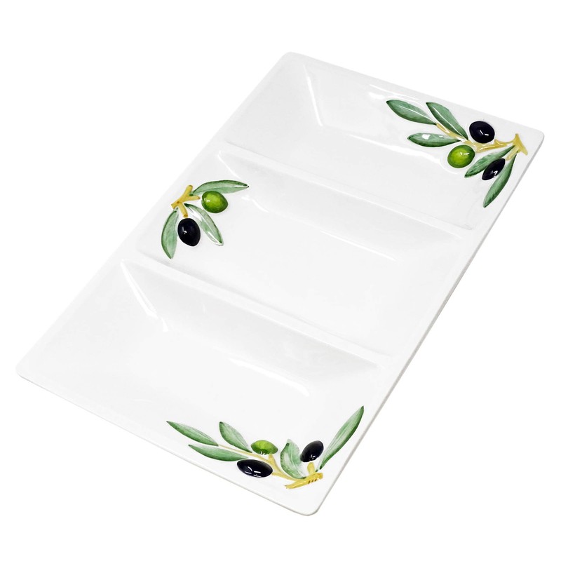 Handmade Italian Ceramic Rectangular Dish in Olive Design, Dreigeteilter/Approx. 31