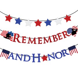 Memorial Day Banner Glittery Remember and Honor Banner Red White Blue Patriotic Decor Memorial Day Party Supplies 4th of July Veterans Day Decorations
