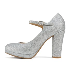 Soda “Ayden” ~ Women Mary Jane Ankle Strap Cushion High Heel Pump Shoe (Silver Glitter, us_Footwear_Size_System, Adult, Women, Numeric, Medium, Numeric_8)
