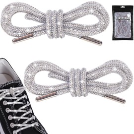 AxiyanX Rhinestone Glitter Rope 47in Sparkly Shoelaces for Sneakers, 2PCS round Shoe Laces Replacement Drawstring Cords for Women Men (white, 47in)