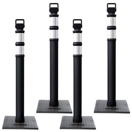 Kanayu 49 Inch Traffic Delineator Posts with 15lbs Rubber Base PE Delineator Post Portable Parking Pole Traffic Cone Barrier with Removable Base, Reflective Band(Black)