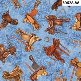 Quilting Treasures Running Wild Horses BTY Cotton quilt fabric QT Western Saddles 30628-W Blue