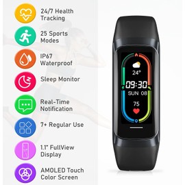 C60 Smart Activity Tracker,1.1' Amoled Ultra-Thin Fitness Band with Sleep Monitor,25+ Sport Modes with Step Count and Calorie for Women Men and IP67 Waterproof for Andorid iOS,Black