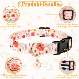 Summer Dog Collar, Colourful, Flower & Dinosaur Design Dog Lead with Quick Release Plastic Buckle, Comfortable Cotton Collar for Boys and Girls Dogs (Flowers, S (Neck: 24-40 cm))