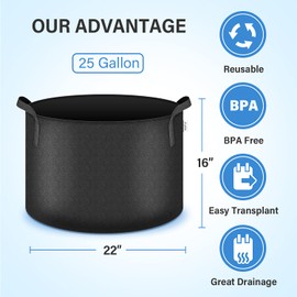 iPower Plant Grow Bag 25-Gallon 5-Pack Heavy Duty Fabric Pots, 300G Thickened Nonwoven Aeration Durable Container, Nylon Strap Handles for Gardening, Planting Fruits Herbs Vegetables Flowers