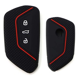 iJDMTOY Black Soft Silicone Key Fob Cover w/Red Stripe Compatible with Volkswagen MK8 Golf/GTI, Skoda Octavia with 3/4/5-Button Smart key