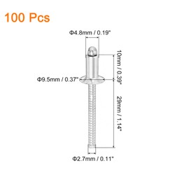 sourcing map 100Pcs 3/16" x 3/8" 304 Stainless Steel Countersunk Blind Rivet, Open-End Type Blind Rivets for DIY, Sheet Metal, Automotive Repairs, Furniture, Boat, and Duct Work (Silver)