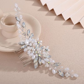 Wekicici Silver Opal Rhinestone Wedding Hair Comb Bridal Pearl Crystal Hair Comb Headband Flower Headpiece for Wedding Hair Accessories for Women Party Prom Hair Piece (Opal)