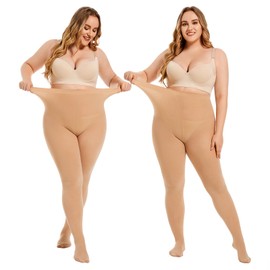 YAGAXI 2 Pairs Plus Size Soft Opaque Tights for Women - 80D Women's Control Top Footed Pantyhose Reinforced Toe(Nude,1X)