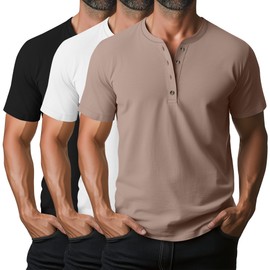 Ficerd 3 Pack Men's Henley T-Shirts Cotton Short Sleeve Casual Basic Tees Summer Loose Fit Oversized Solid Tops(Black, White, Khaki,Large)