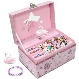 DWIYITTN Musical Jewellery Box – Pink Swan Organizer with Butterfly for Girls｜Gift for 5-Year-Old Girls, 18 x 12 x 10 cm（Jewelry not included）