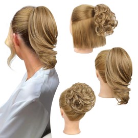 REECHO Ponytail Extension, Messy Bun Hair Pieces 3-in-1 Claw Clip in Ponytail Hair Extensions Short Natural Wavy Hair Bun Hairpieces for Women with Short Thin Hair - Light Brown with Highlights