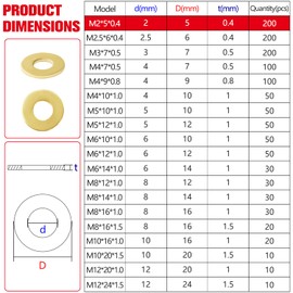 YIXISI 200 pieces M2 x 5 x 0.4 mm flat washers, brass washers, metal washers, for screws and nuts
