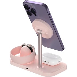 MR. GADGETS Soporte de Carga Inalámbrica 3 en 1, Estación Cargador 15W Ajustable, Wireless Charger con Tecnología Qi Base Cargadora Magnética Charging Stand de Escritorio/Audifonos/Watch (Rosa)