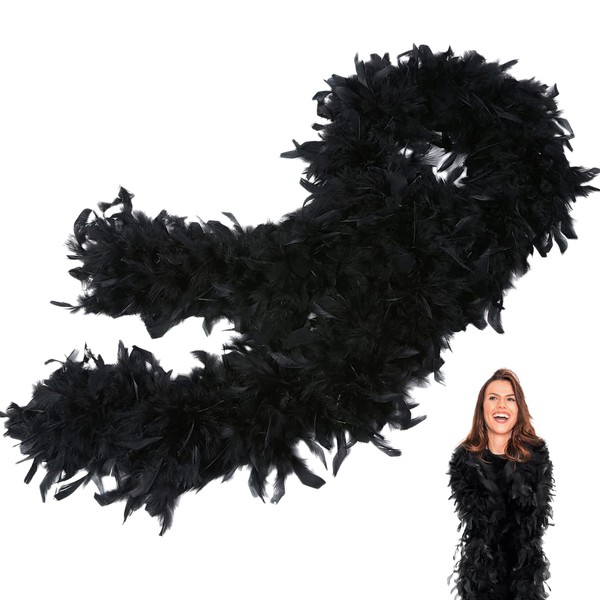 Black Feather Boas Thick Fancy Dress for Women,Girls,80g 2m/6.6ft Natural Turkey Feather Boa Black,Party Fluffy Boa Feather Scarffor Bulk for Adult,Kids,Wedding Bachelor Halloween Christmas Party
