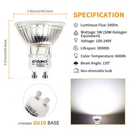 DiCUNO GU10 LED Bulbs 5W Daylight White 6000K, 500lm, 120 Degree Beam Angle, Spotlight, 50W Halogen Bulbs Equivalent, Non-dimmable MR16 LED Light Bulbs, 6-Pack