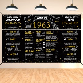 DARUNAXY 61st Birthday Black Gold Party Decoration, Back in 1963 Banner Cheers to 61 Years Old Birthday Party Poster Supplies, 6 * 3.6FT Vintage 1963 Backdrop Photography Background for Men and Women
