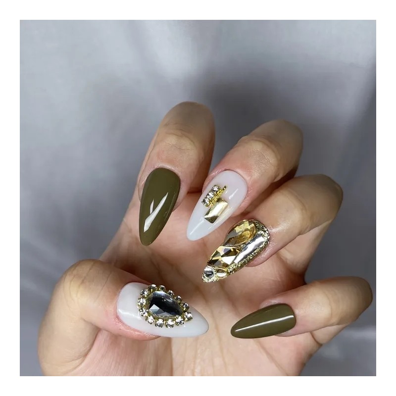 Khaki Gold Full Stone Handmade Nail Tips - Almond /