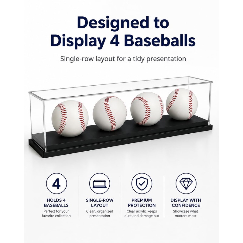 Baseball Display Case for 4 Baseballs, Clear Acrylic Baseball Display