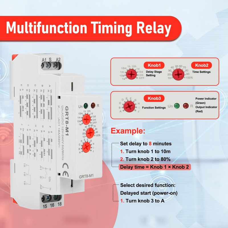 AGJIQ Multifunctional Delay Time Relay, GRT8-M1 AC/DC 12V-240V Wide Voltage