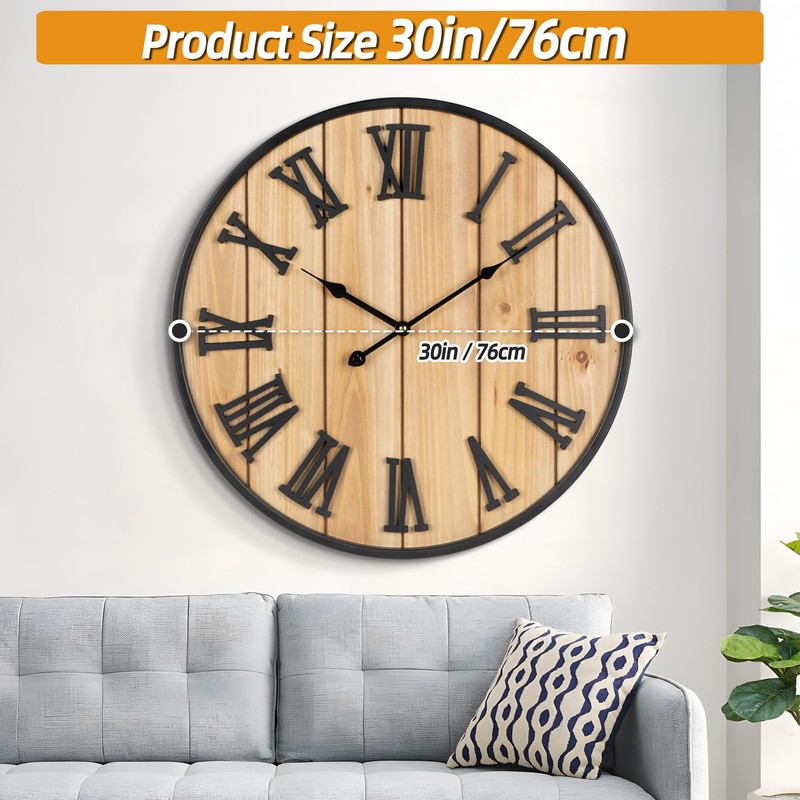 Large Wall Clock 30IN, Silent Metal Wood Style Wall Clocks