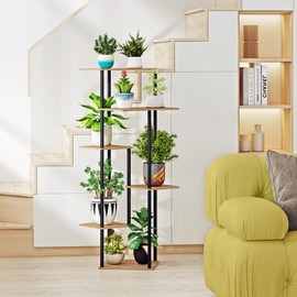 HAYOFAMY 6 Tier Plant Stand Indoor, Tall Plant Shelf Metal Wood Multiple, Flower Pot Holder for Living Room Office Balcony Patio, Rustic Brown