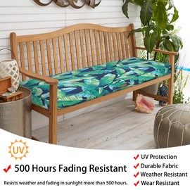 Magpie Fabrics Outdoor Bench Cushion 48 x 18 Inches, Settee Loveseat Pads with Handle and Ties for Garden Patio Backyard Porch Sofa Couch Swing (Green Lagoon Leaves)