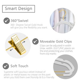 MIZGI Premium Velvet Pants Hangers with Adjustable Clips (Pack of 20) Slim Skirt Hangers- Non Slip Felt Outfit Dress Hangers White - Gold Hooks,Space Saving Shirt Clothes Hangers