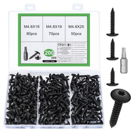 Pack of 200 self-tapping screws, M4.8 Torx screws set, black wood screws, Torx flat head screws, pan head screws, drilling screws for wood furniture, with bit (M4.8)