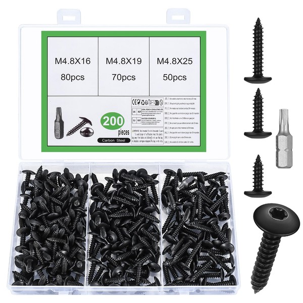 Pack of 200 self-tapping screws, M4.8 Torx screws set, black