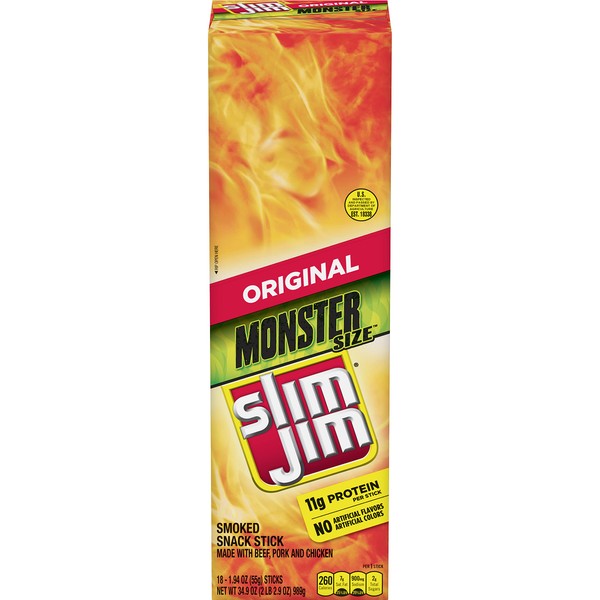 Slim Jim Monster Smoked Meat Sticks, Original Flavor,18-Count(Pack of 1)