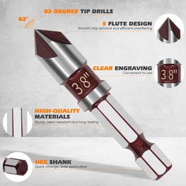 5PCS Countersink Drill Bit Set, 82 Degree Premium HSS Counter Sink Drill Bit, Size 1/4"-3/4" Quick-Change Hex Shank for Wood, Metal, Plastic