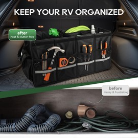 RVGUARD RV Storage Caddy, RV Storage and Organization, with Removable Dividers, Collapsible, Car Trunk Organizer with Large Capacity Waterproof, for RV Accessories, Black