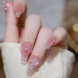 HAPVITAL 24 Pieces Popular Nail Tips, Nail Tips, 3D Nail Tips, Handmade Nail Tips, Japanese Style, Brides, Glossy, Wedding Nail Tips, Cute, Long, Nail Tips