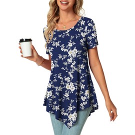 POPYOUNG Womens Summer Short Sleeve Tunic Asymmetrical Tops Casual Swing Blouse Shirts XL,White Floral-Purplish Blue