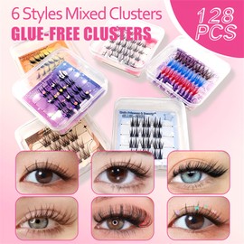 6 Styles Mixed Selbstklebende Wimpern Cluster Kit with Lashes Curler, vorgeklebte Wimpernbüschel 128 Stück Flauschiges C Curl Einzelwimpern Kein Kleber Kein Entferner (Gift)