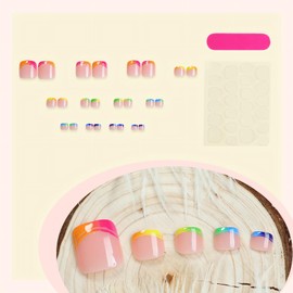 OHWODA Gradient Candy Color Press on Toenails Short Square French Tip Fake Toenails Glossy Finish Cute Design Summer Glue on Toenails Reusable False Toe Nails for Women Girls, 24Pcs