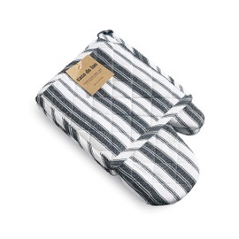 Oven Mitt & Potholder Set - Durable Heat Resistant Gloves - Thick Mittens for Kitchen - Suitable for Cooking, Baking, Grilling - BBQ- 1 Oven Mitts & 1 Potholders - Black Stripes - Casa De Lan