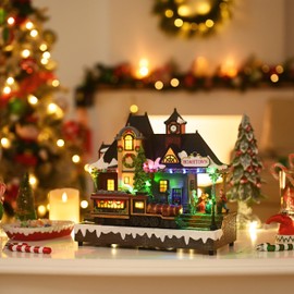 Valery Madelyn Christmas Village House Decorations, Battery Operated Train Station with Music, LED Lights and Moving Train, for Christmas Home Gift Decor, Vintage Christmas Hometown, 11.6 Inch