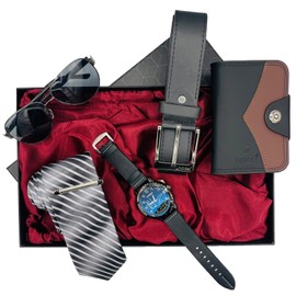 Men's Gift Set Black Watch Wristwatch Belt Sunglasses Tie Gift Box Packaging Perfect Gifts for Him on Father's Day Valentine's Day Wedding Christmas Birthday Fashionable Men's Quartz Set for Boyfriend