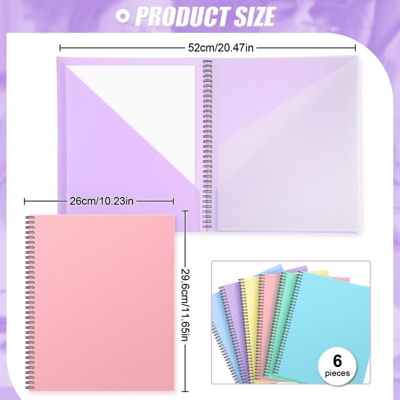 Qilery 6 Pcs 10 Pocket Pastel Folder Bulk Plastic Spiral