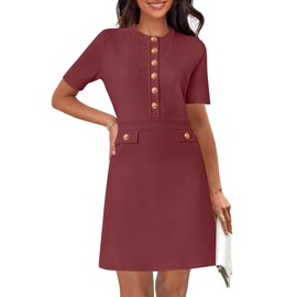 MEROKEETY Women's Knit Bodycon Sweater Dress Button Short Sleeve Crew Neck Elegant Formal Mini Dress, Wine, Medium