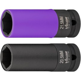 ViGOR Impact Wrench Socket Set V6313, 2 Pieces, 1/2 Inch Square Drive, 20.5 mm for Wheel Nuts without Chrome Cap, 21.5 mm for Deformed Chrome Caps