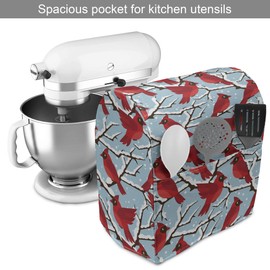 Ambesonne Northwoods Stand Mixer Cover, Cardinal Birds Perching Snow Covered Tree Branches Winter, Kitchen Appliance Organizer Bag Cover with a Pocket, 6-8 Quarts, Vermilion Pale Blue