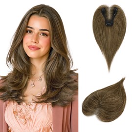 RUWISS Hair Toppers Real Hair for Women Real Hair Topper Brown with Blonde Highlights Straight Hair Topper Clip in Hairpiece without Fringe for Women