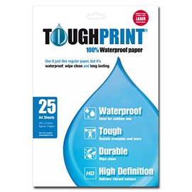 Toughprint A4-Laser Waterproof Paper, 25 Sheets High-Definition, Durable, Wipe Clean Sheets, Ideal for Outdoor Sports, Map Printing and Signs