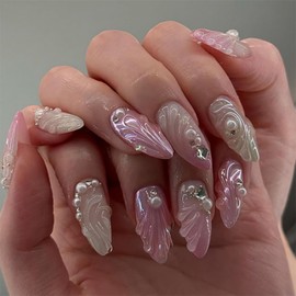 3D Handmade Press on Nails with Charms Medium Almond Fake Nails Cute French Nails Press ons Shell Pearl Design Reusable Acrylic Fake Nails False Nails for Women Girls 24 Pcs (Pink-5, M-5)