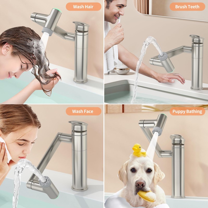 SINGSUO 1080°Rotatable Bathroom Vanity Faucet 1 Hole, Height Adjustable Single